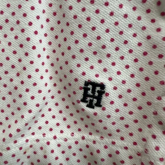 Super fun Tommy Hilfiger size S polo shirt white w/pink polka dot & gold buttons - Picture 2 of 6